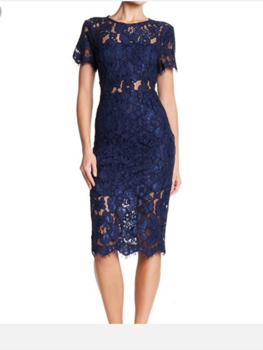 NSR Navy Blue Floral Lace Midi Dress with Short Sleeves